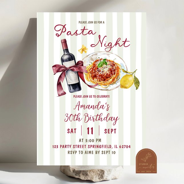 Invitation Sage Rose Rayure Pasta Night Anniversaire Dîner  (Créateur téléchargé)