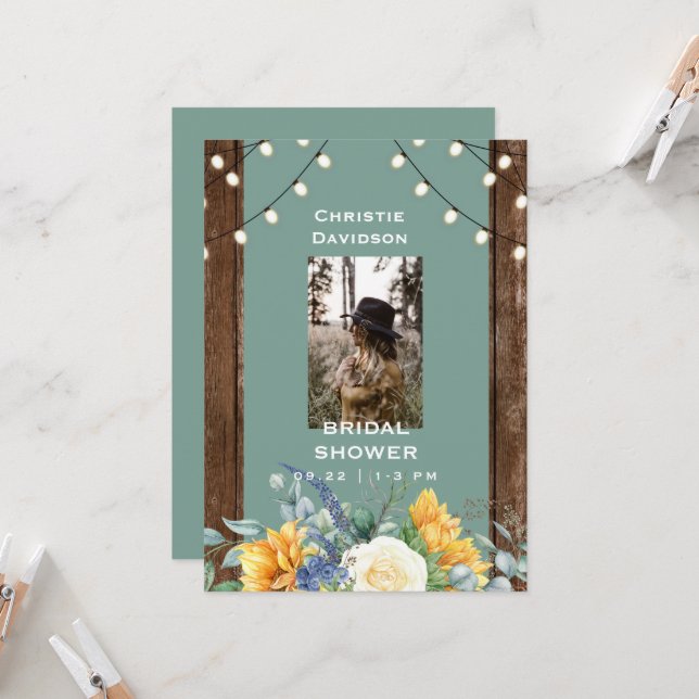 Invitation Sage Rustic Tournesol Fête des mariées photo (Devant/Arrière en situation)
