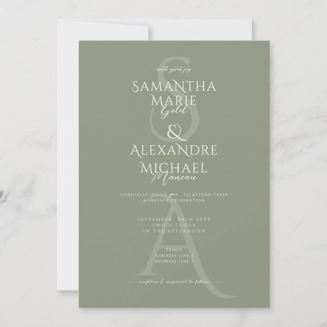 Invitation Sage Script Divine Contemporaine Monogramme Mariag (Devant)