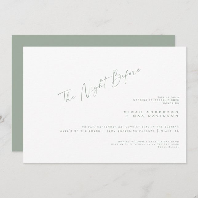 Invitation Sage Simple La Nuit Avant Le Dîner De La Répétitio (Devant / Derrière)