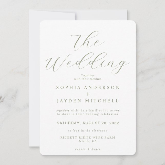 Invitation Sage simple Vert et blanc Mariage esthétique (Devant)