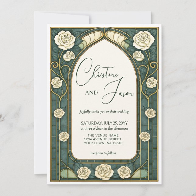 Invitation Sage Stained Glass Floral Art Nouveau Wedding  (Devant)