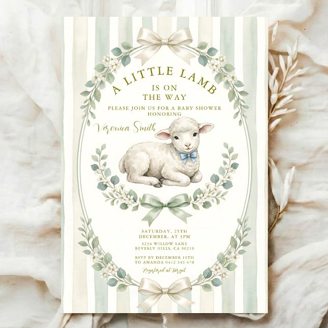 Invitation Sage Stripe Little watercolor Lamb Baby Shower (Créateur téléchargé)