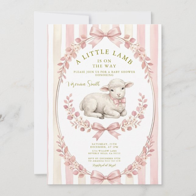 Invitation Sage Stripe Little watercolor Lamb Baby Shower (Devant)