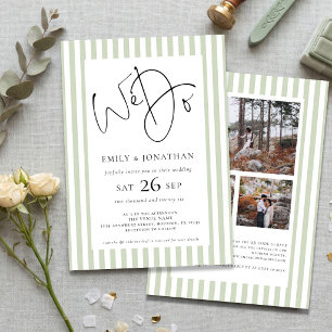 Invitation Sage Stripe Nous Nous Marions 3 Photos QR Code Mar