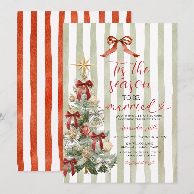 Invitation Sage Stripes Red Bow Christmas Tree Couple Wedding (Devant / Derrière)