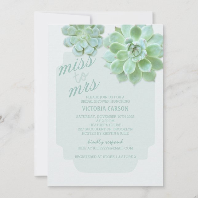 Invitation Sage Succulents Cactus Wedding shower (Devant)