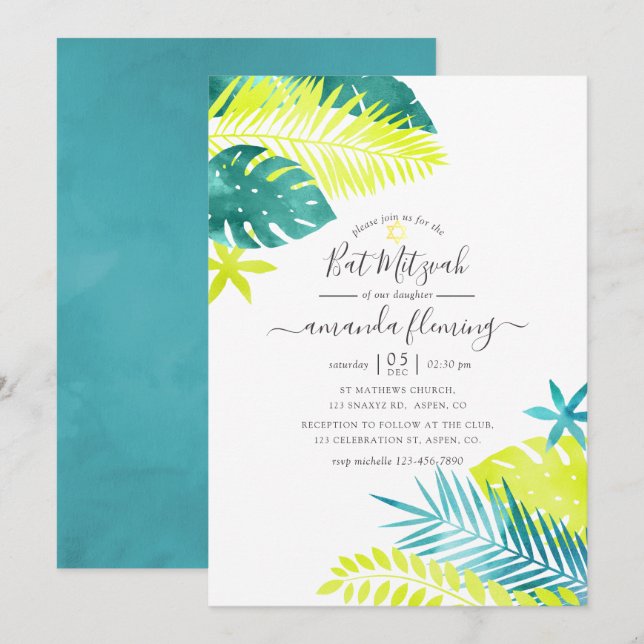 Invitation Sage - Turquoise et citron Tropicale Bar Mitzvah (Devant / Derrière)
