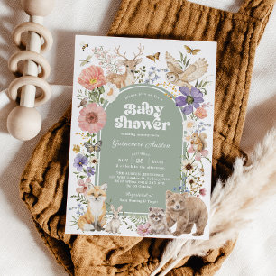 Invitation Sage Vert Animaux de la Forêt Fleur Sauvage Baby S