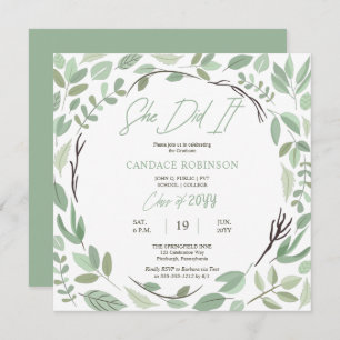Invitation Sage Vert aquarelle Feuille cadre partie de gradua