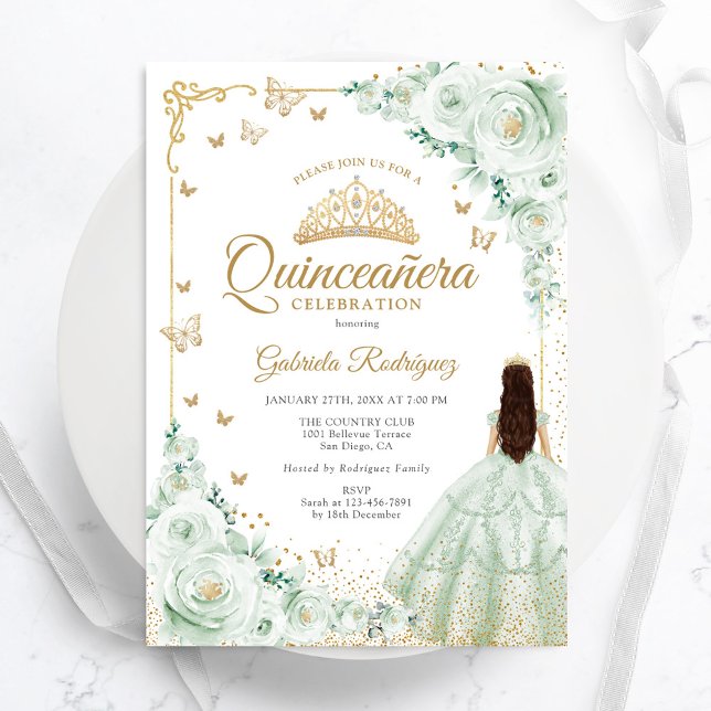 Invitation Sage Vert Aquarelle Roses Or Quinceanera (Créateur téléchargé)