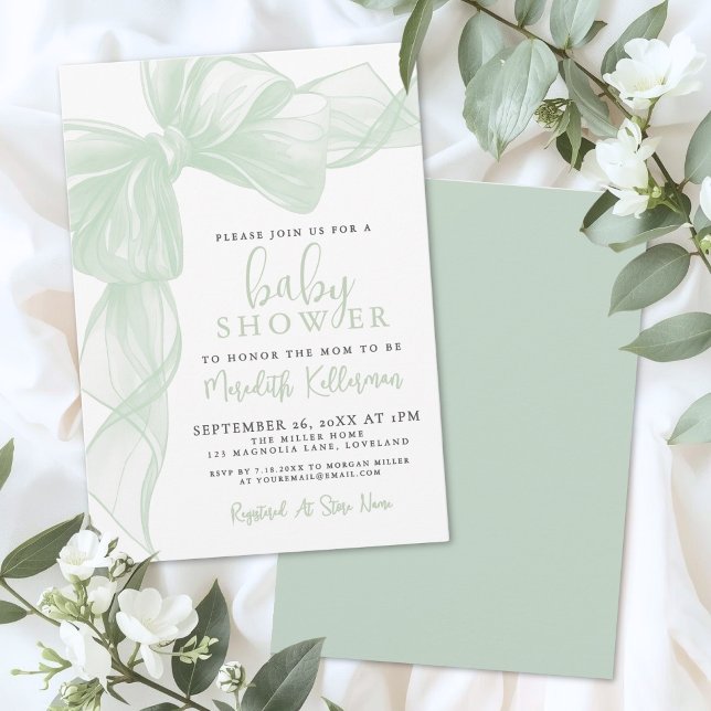 Invitation Sage Vert Arc-en-ciel pour Bébé (Sage Green Bow Baby Shower Invitation)