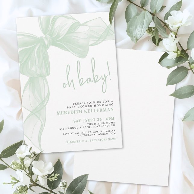 Invitation Sage Vert Arc Enfant Fête Prénatale (Sage Green Bow Baby Shower Invitation)