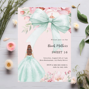 Invitation Sage vert arc fleurons roses robe Sweet 16