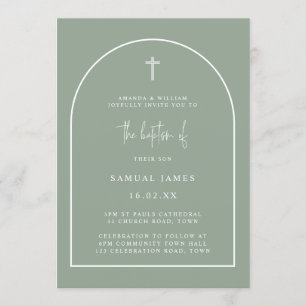 Invitation Sage Vert Arc Moderne Script minimaliste Baptême