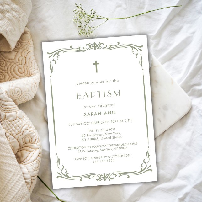 Invitation Sage Vert Baptême Vintage Croix de baptême (Sage Green Vintage Baptism Christening Cross Invitation)