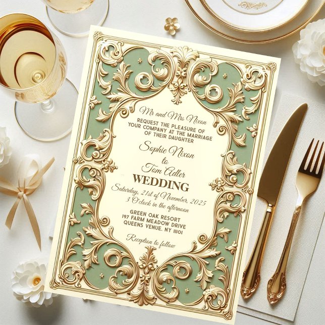 Invitation Sage Vert Baroque Grandeur Floral Motif Faux Or (Soft Green Baroque Grandeur Floral Motif Faux Gold Invitation)