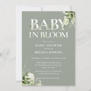 Invitation Sage Vert Bébé en Fleur Floral Photo Baby Shower