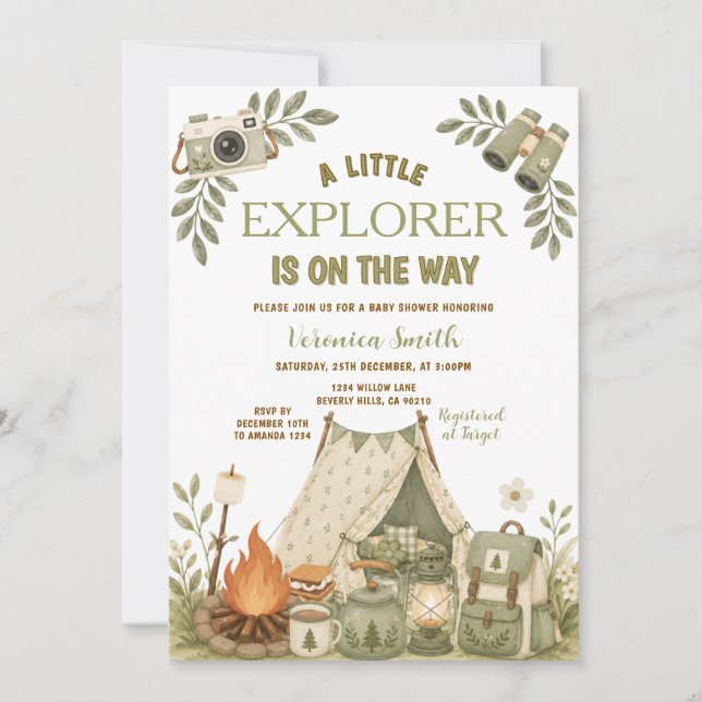 Invitation Sage Vert Bébé Little Explorer Shower de Camping (Devant)