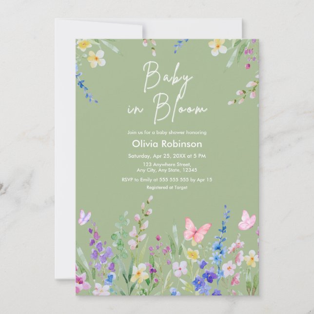 Invitation Sage Vert Bébé Printemps en Fleur Fête Prénatale  (Devant)