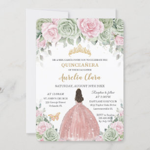 Invitation Sage Vert bébé rose Rose Floral or Quinceañera