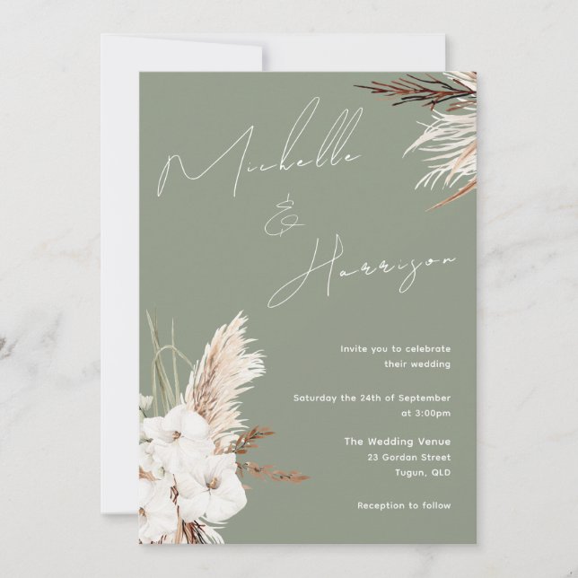 Invitation Sage Vert Blanc Boho Floral Mariage moderne (Devant)