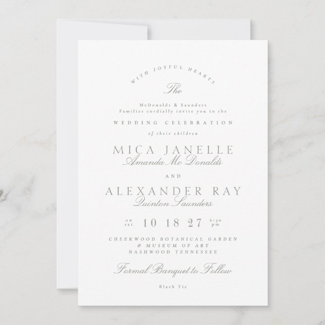 Invitation Sage Vert Blanc Classique Élégant Mariage formel (Devant)