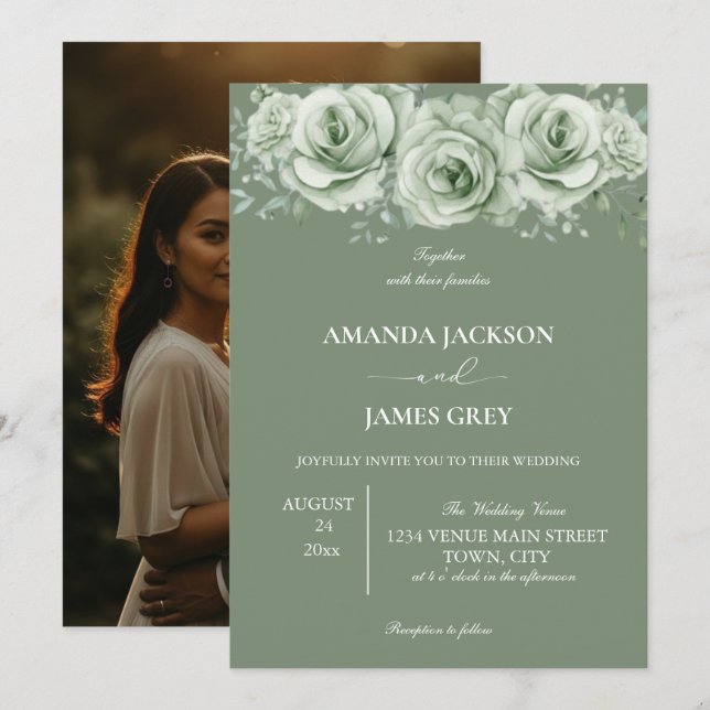 Invitation Sage Vert Blanc Floral Photo Arrière Mariage  (Devant / Derrière)