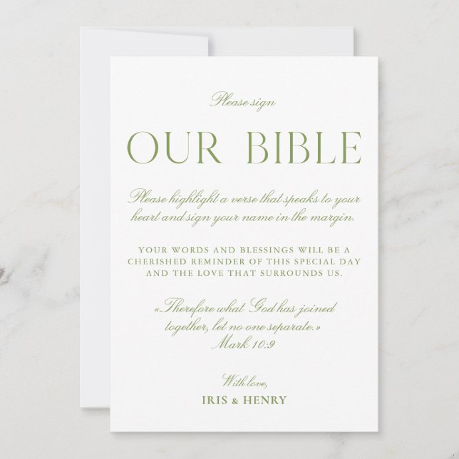 Invitation Sage Vert & Blanc Mariage Notre Bible Signe (Devant)