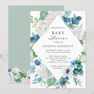 Invitation Sage Vert Bleu Blanc Botanique Baby shower Floral