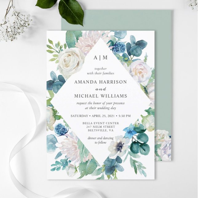 Invitation Sage Vert Bleu Blanc Pastel Floral Mariage (Créateur téléchargé)