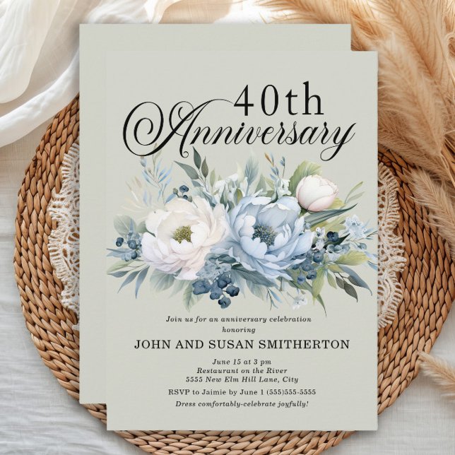 Invitation Sage vert bleu poussiéreux 40e anniversaire (Dusty blue watercolor floral and sage green 40th wedding anniversary invitation)