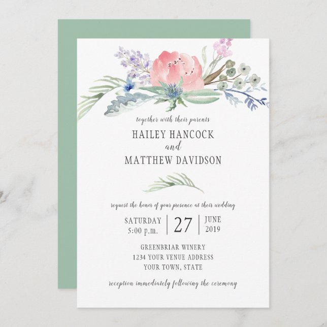 Invitation Sage Vert bleu rose Fleurs Mariage vert (Devant / Derrière)