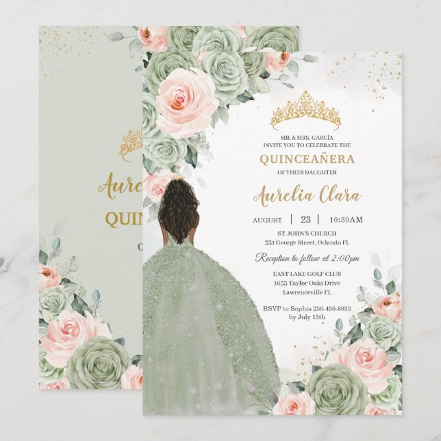 Invitation Sage Vert Blush Floral Or Quinceañera Sweet 16 (Devant / Derrière)