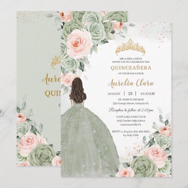 Invitation Sage Vert Blush Floral Or Quinceañera Sweet 16 (Devant / Derrière)