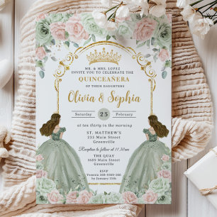 Invitation Sage Vert Blush rose Floral Twins Quinceañera