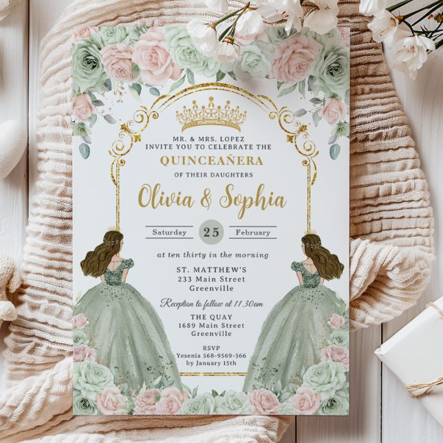 Invitation Sage Vert Blush rose Floral Twins Quinceañera (Créateur téléchargé)
