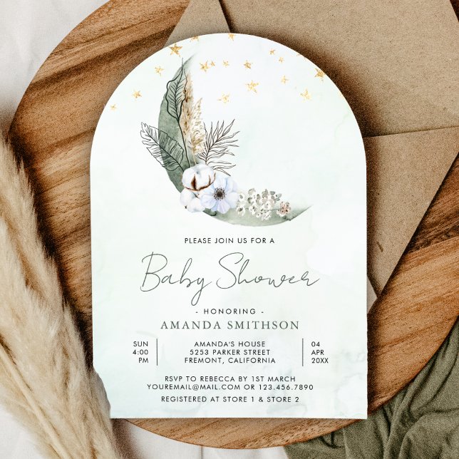 Invitation Sage Vert Bohème Fleurs Lune Arche Baby Shower (Créateur téléchargé)