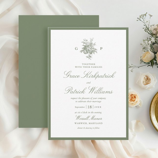Invitation Sage Vert Bordure Classique Monogramme Mariage (Créateur téléchargé)