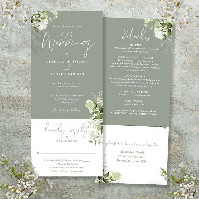 Invitation Sage Vert Botanique Floral Tout en un Mariage (Sage Green Botanical Floral All In One Wedding Invitation)
