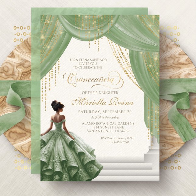 Invitation Sage Vert Conte de Fées Royal Moderne Quinceanera (Créateur téléchargé)