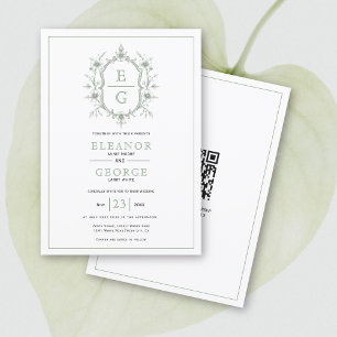 Invitation Sage vert crête florale monogramme Code QR mariage