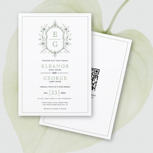 Invitation Sage vert crête florale monogramme Code QR mariage (Créateur téléchargé)