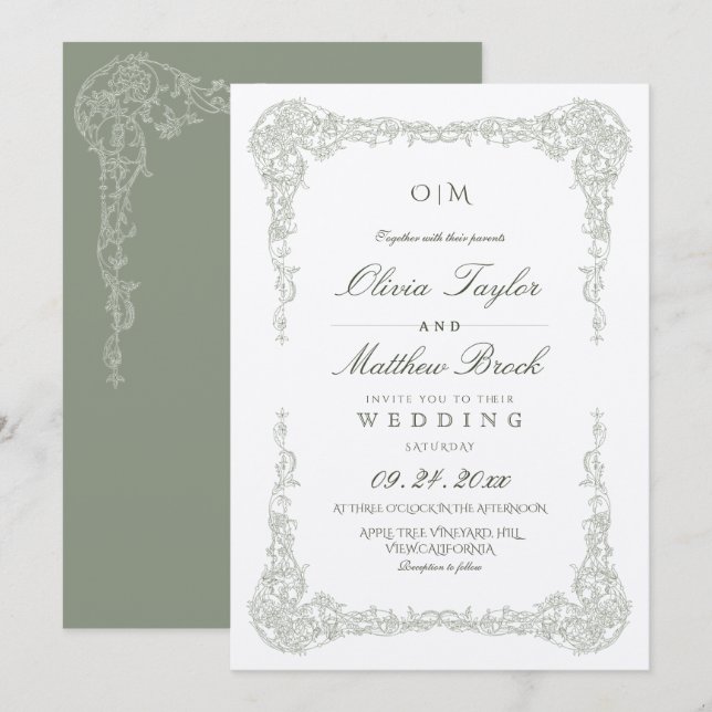 Invitation Sage Vert Élégant Cadre Floral Mariage (Devant / Derrière)