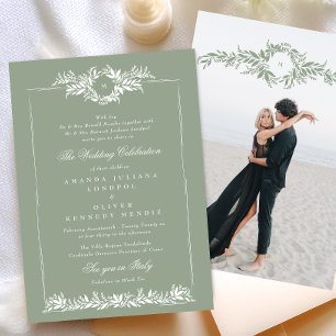 Invitation sage vert élégant fil Etch cadre photo mariage