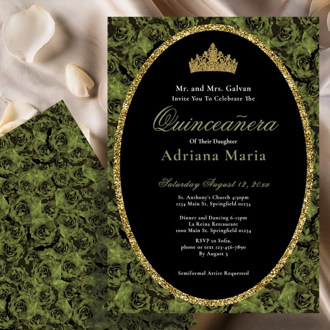 Invitation Sage Vert Élégant Fleurs Dorées Quinceanera   (Créateur téléchargé)