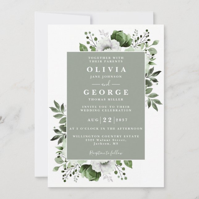 Invitation Sage Vert Élégant Floral Tout En Un Mariage (Devant)