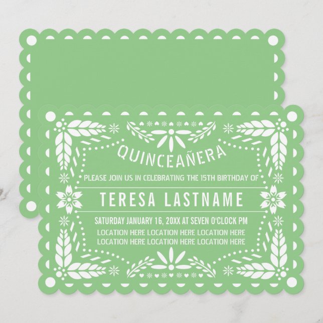 Invitation Sage vert et blanc papillon picado Quinceañera (Devant / Derrière)