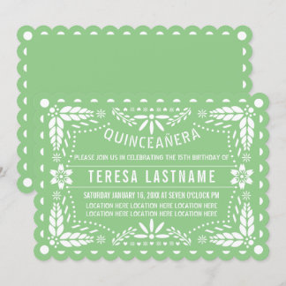 Invitation Sage vert et blanc papillon picado Quinceañera