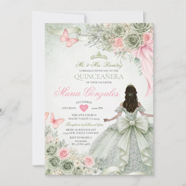Invitation Sage Vert et Rose Princesse Papillon Quinceañera (Devant)